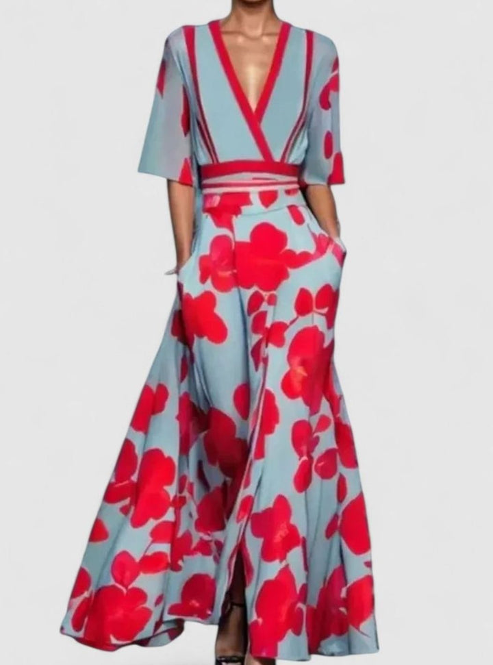 Women's Floral Formal Maxi Dress Deep V-Neck Half-Sleeve A-Line