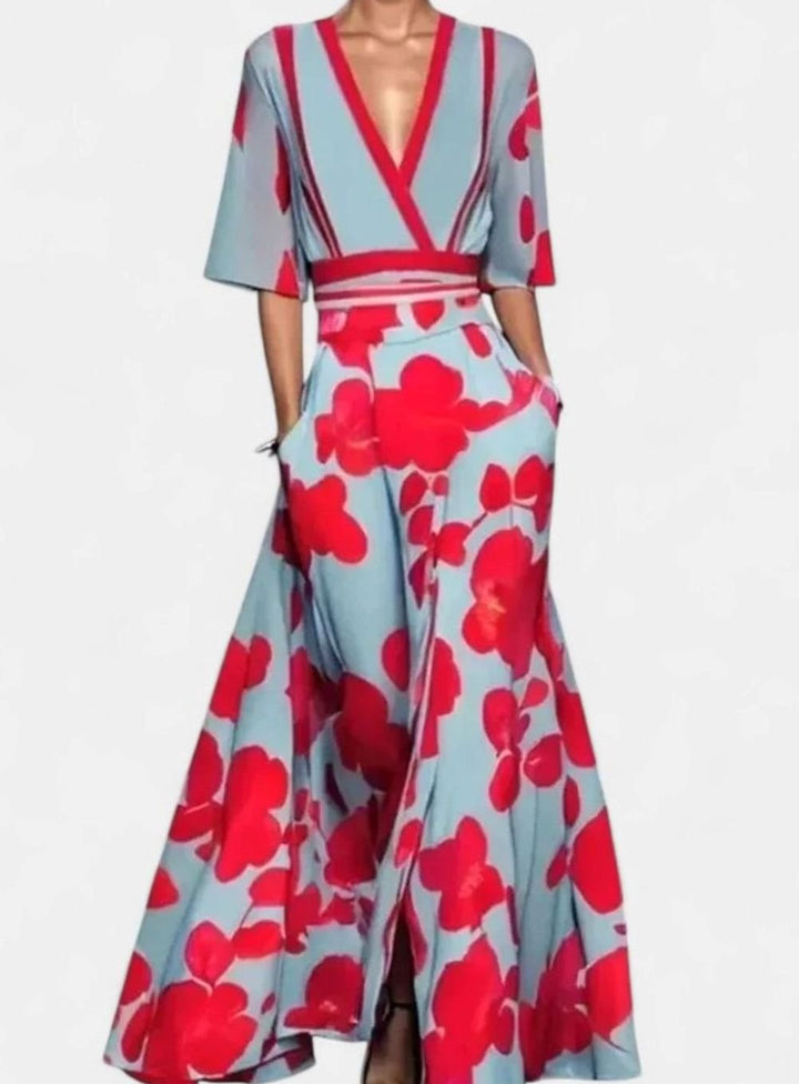 Women's Floral Formal Maxi Dress Deep V-Neck Half-Sleeve A-Line - Red