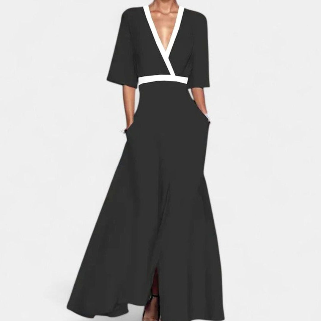 Women's Floral Formal Maxi Dress Deep V-Neck Half-Sleeve A-Line - Black