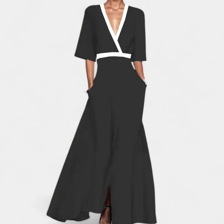 Women's Floral Formal Maxi Dress Deep V-Neck Half-Sleeve A-Line - Black
