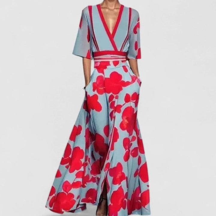 Women's Floral Formal Maxi Dress Deep V-Neck Half-Sleeve A-Line