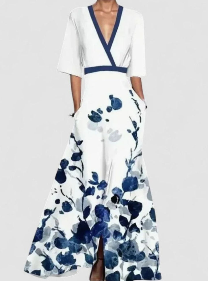 Women's Floral Formal Maxi Dress Deep V-Neck Half-Sleeve A-Line - White