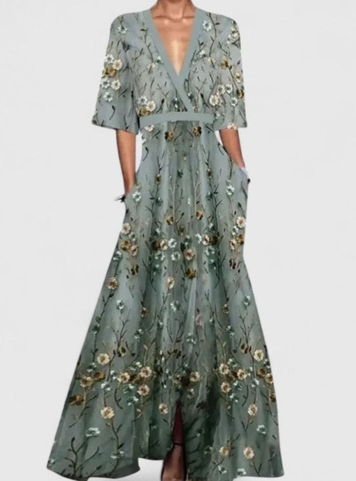 Women's Floral Formal Maxi Dress Deep V-Neck Half-Sleeve A-Line - Gray