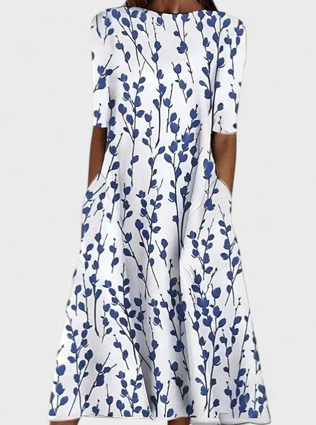Women's Floral Half-Sleeve Round-Neck A-Line Midi Dress - Blue