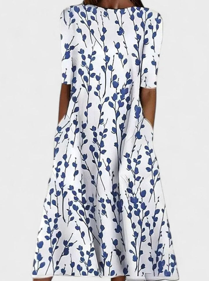 Women's Floral Half-Sleeve Round-Neck A-Line Midi Dress - Blue