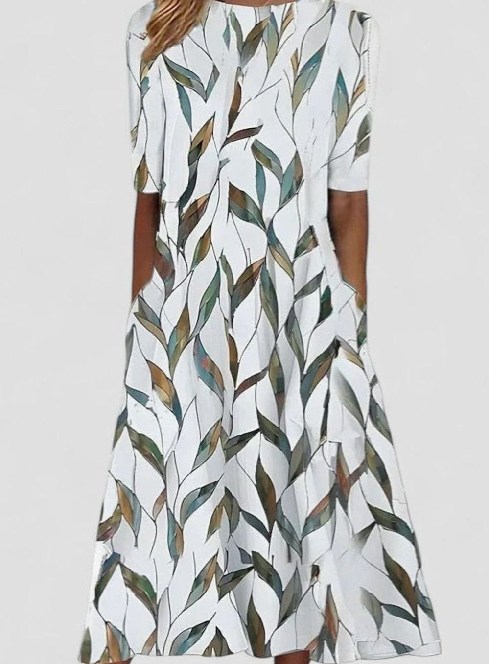 Women's Floral Half-Sleeve Round-Neck A-Line Midi Dress - Green