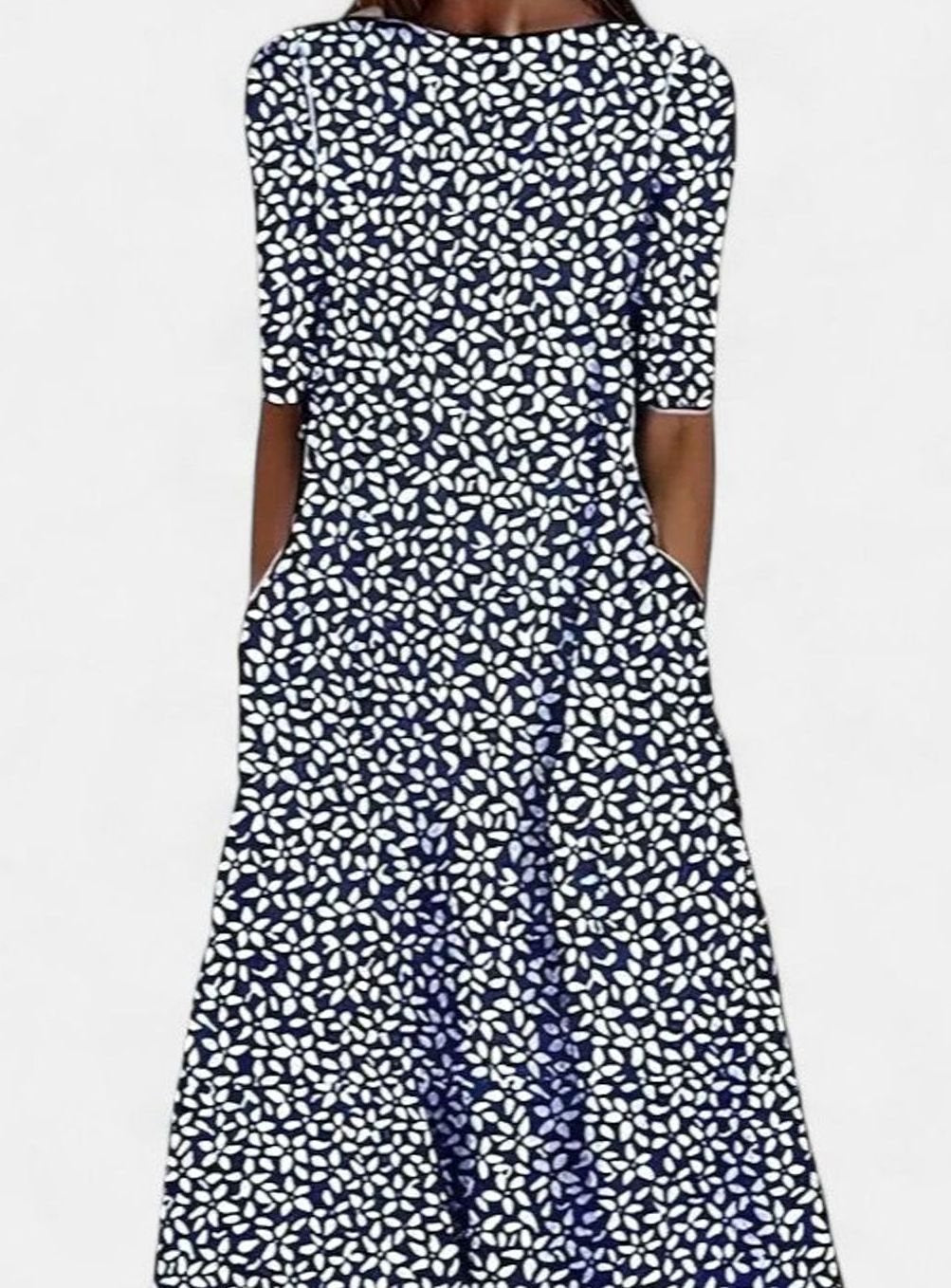Women's Floral Half-Sleeve Round-Neck A-Line Midi Dress - Dark Blue
