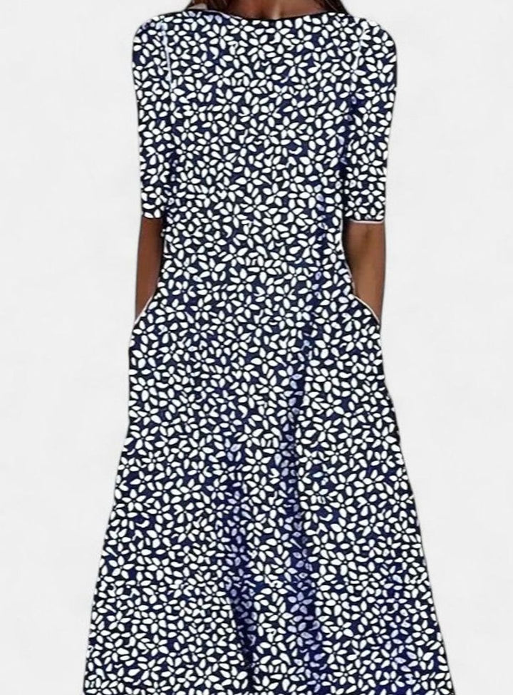 Women's Floral Half-Sleeve Round-Neck A-Line Midi Dress - Dark Blue