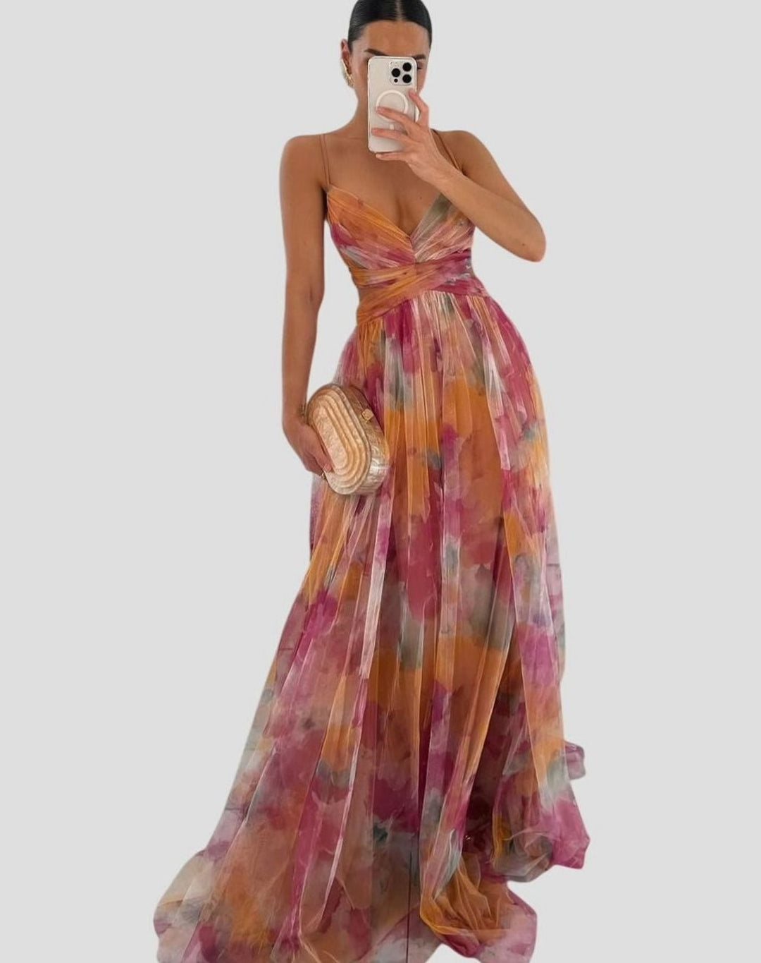 Women's Floral High-Waist Crisscross-Strap A-Line Maxi Dress - Orange