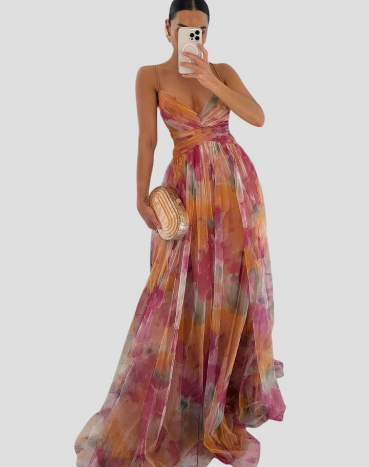 Women's Floral High-Waist Crisscross-Strap A-Line Maxi Dress - Orange