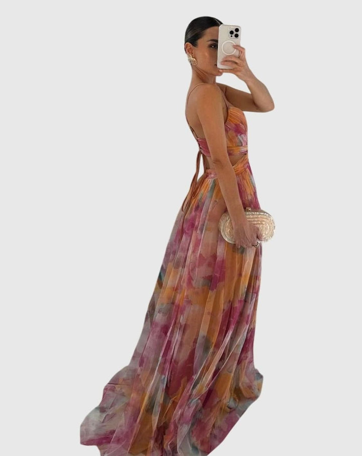 Women's Floral High-Waist Crisscross-Strap A-Line Maxi Dress