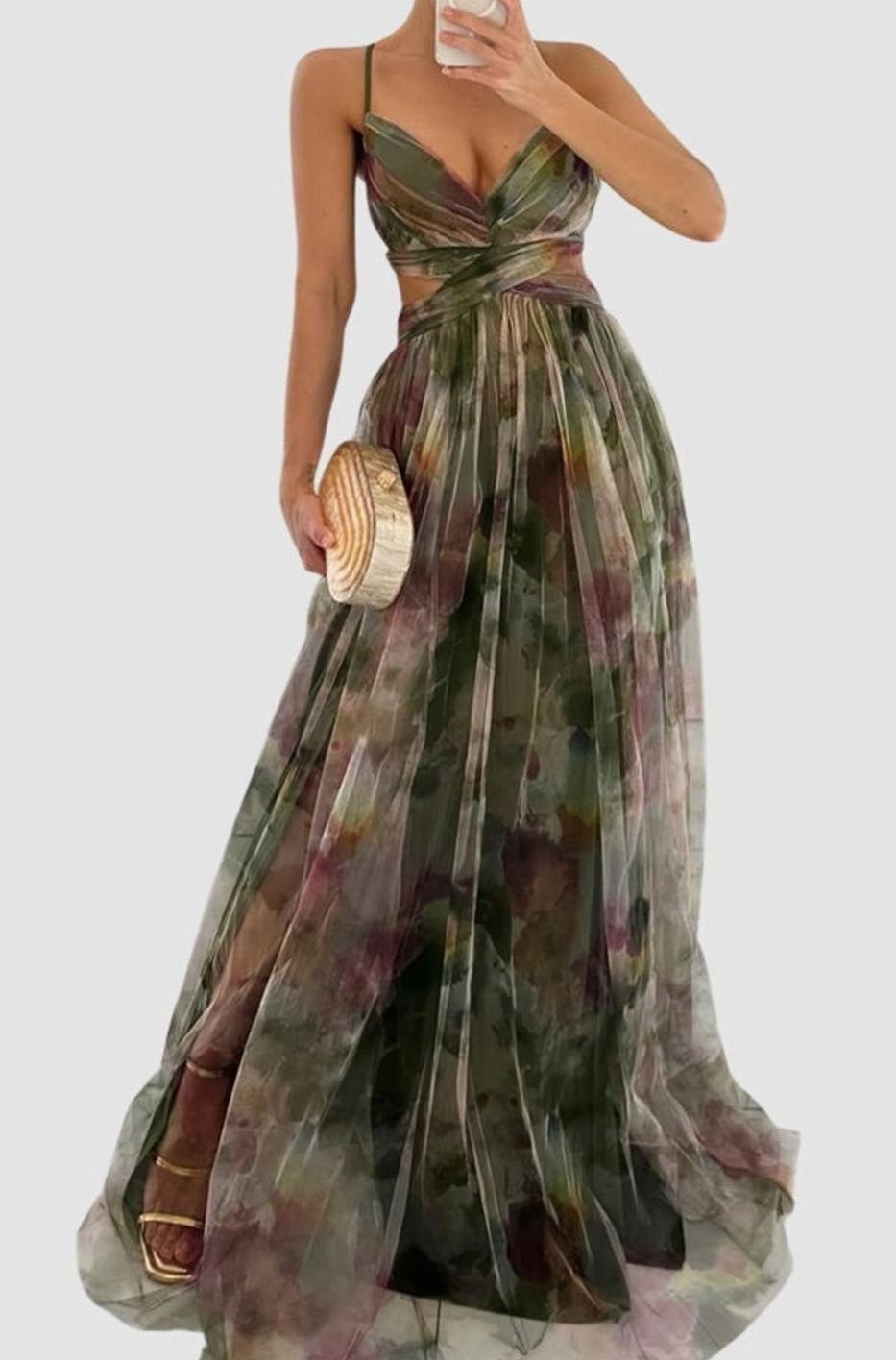 Women's Floral High-Waist Crisscross-Strap A-Line Maxi Dress - Green