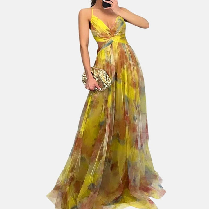 Women's Floral High-Waist Crisscross-Strap A-Line Maxi Dress - Yellow