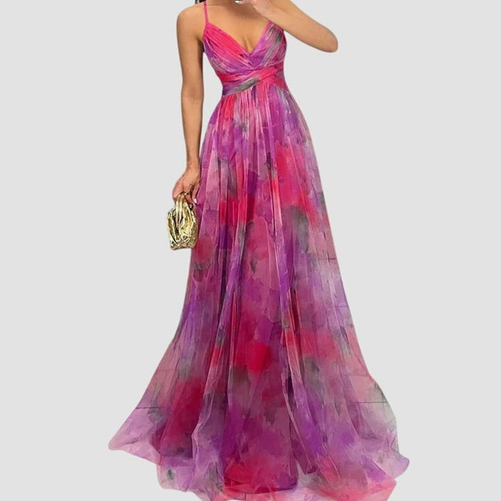 Women's Floral High-Waist Crisscross-Strap A-Line Maxi Dress - Pink