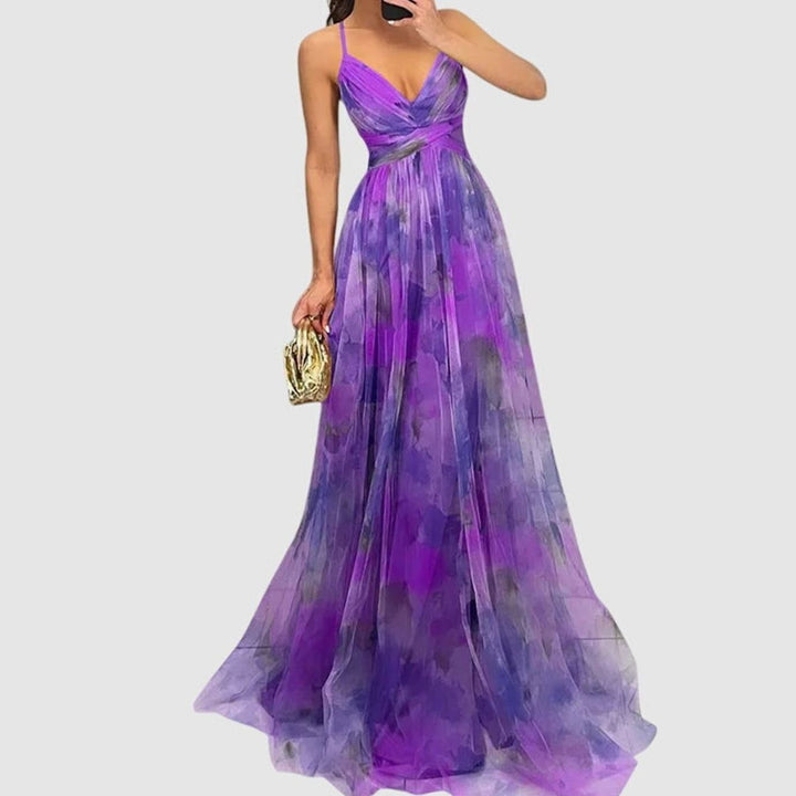 Women's Floral High-Waist Crisscross-Strap A-Line Maxi Dress - Purple