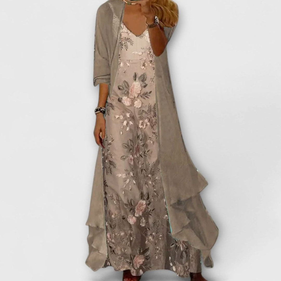 Women's Floral Maxi Dress Two-Piece Set Cardigan Overlay - Beige