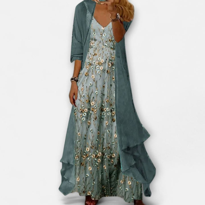Women's Floral Maxi Dress Two-Piece Set Cardigan Overlay - Blue