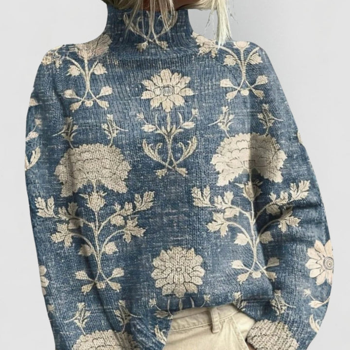 Women's Floral Print Relaxed-Fit Turtleneck Sweater - Light Blue
