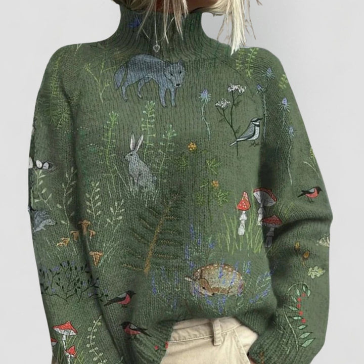 Women's Floral Print Relaxed-Fit Turtleneck Sweater - Green