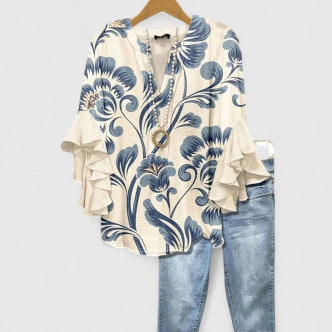 Women's Floral Ruffle-Sleeve V-Neck Comfortable Blouse - White Blue