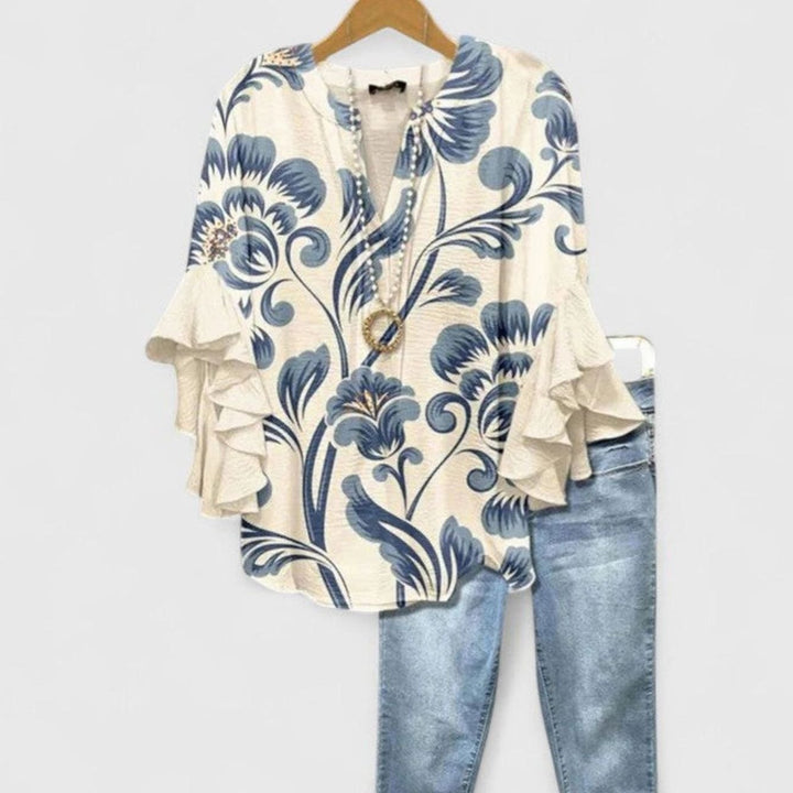 Women's Floral Ruffle-Sleeve V-Neck Comfortable Blouse - White Blue