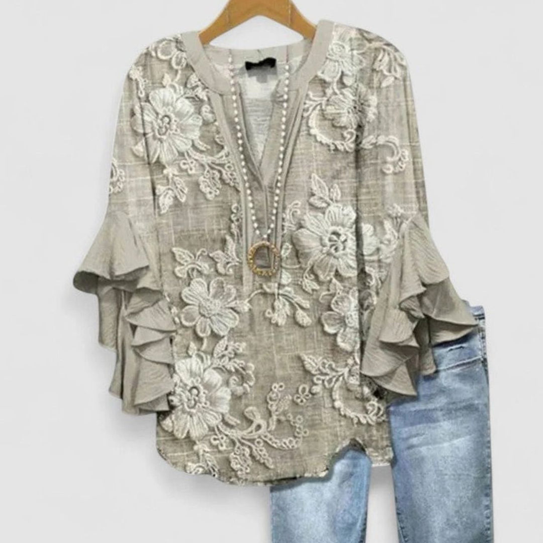 Women's Floral Ruffle-Sleeve V-Neck Comfortable Blouse - Light Brown