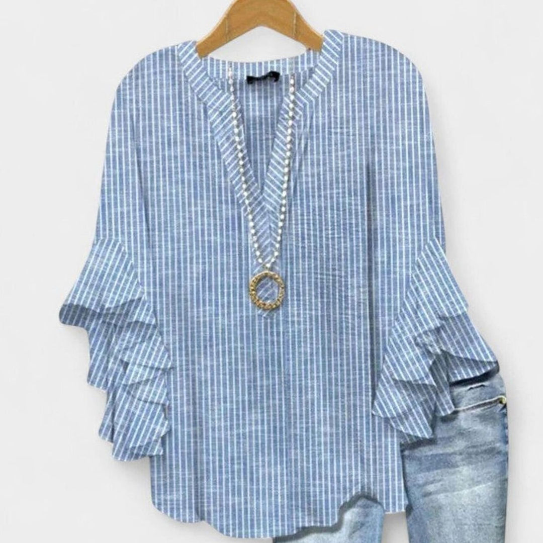 Women's Floral Ruffle-Sleeve V-Neck Comfortable Blouse - Blue