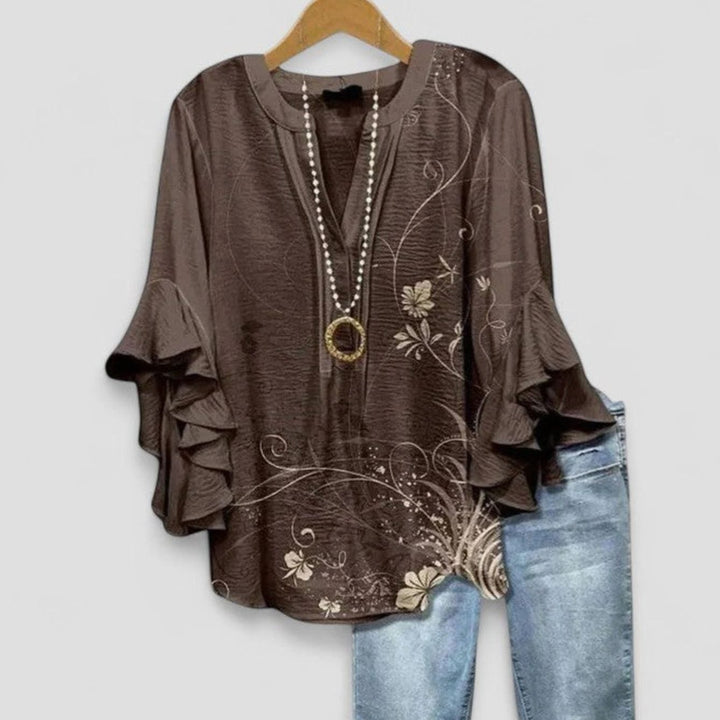 Women's Floral Ruffle-Sleeve V-Neck Comfortable Blouse - Brown
