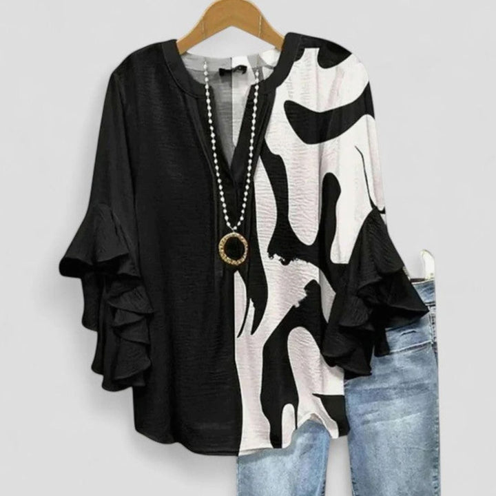 Women's Floral Ruffle-Sleeve V-Neck Comfortable Blouse - Black