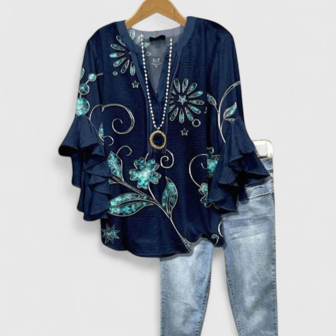 Women's Floral Ruffle-Sleeve V-Neck Comfortable Blouse - Dark Blue