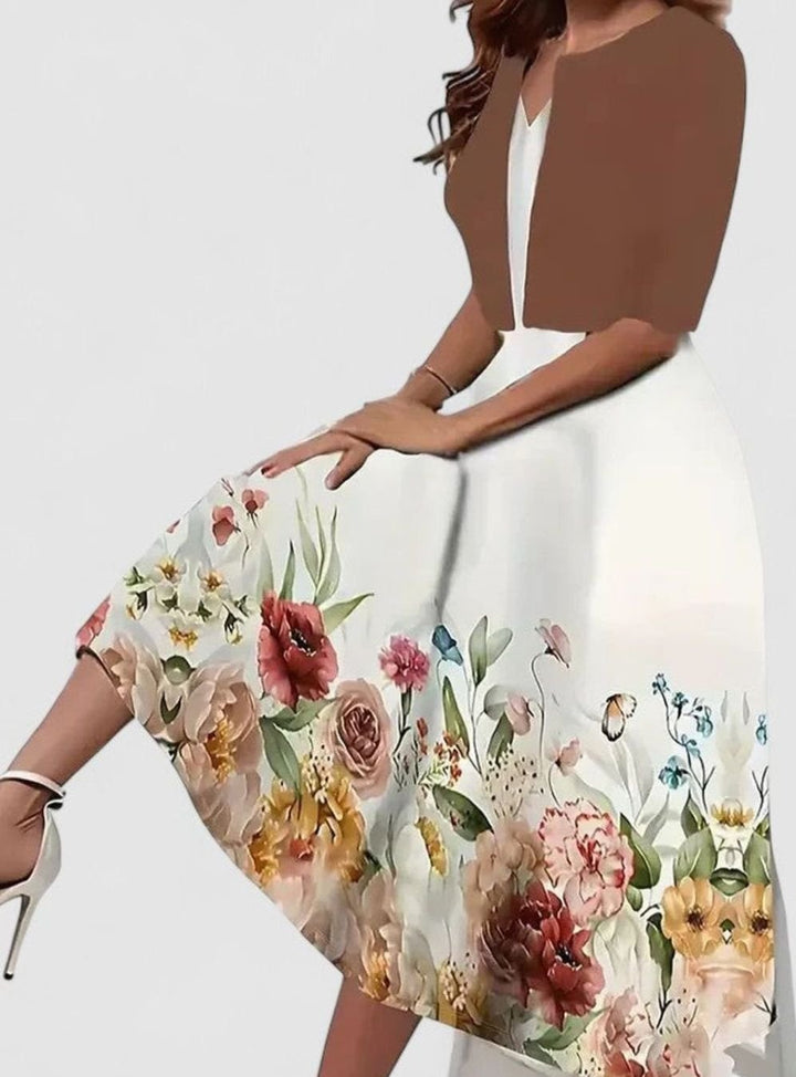 Women's Floral Tailored-Fit Midi Dress Matching Top Set - Coffee