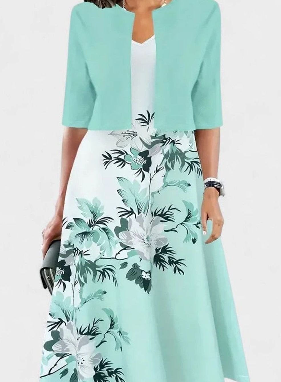 Women's Floral Tailored-Fit Midi Dress Matching Top Set - Green