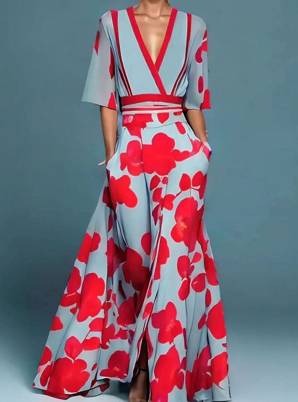 Women's Floral V-Neck Half-Sleeve Flowing Maxi Dress - Red