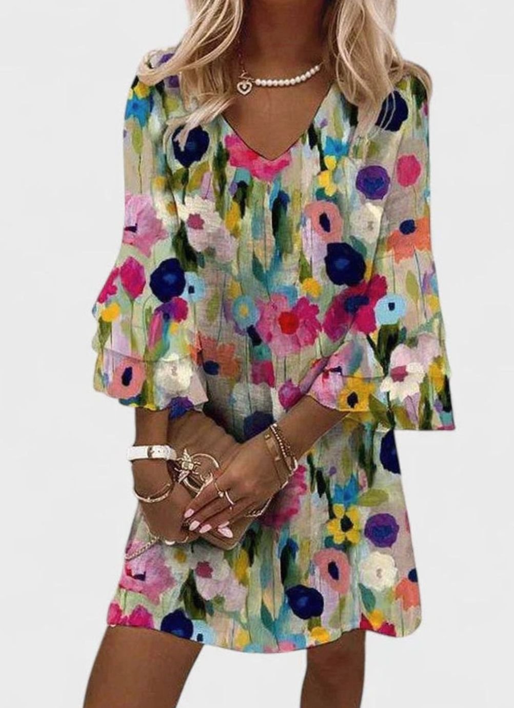 Women's Floral V-Neck Ruffle-Sleeve Mini Dress - Multicolored