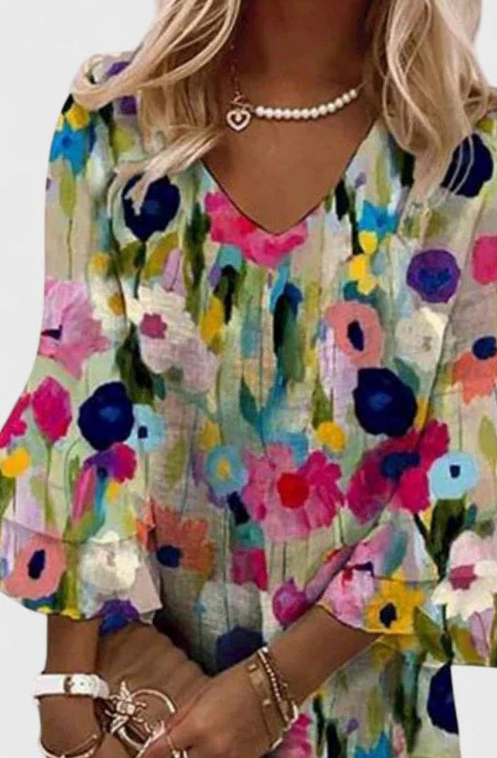 Women's Floral V-Neck Ruffle-Sleeve Mini Dress