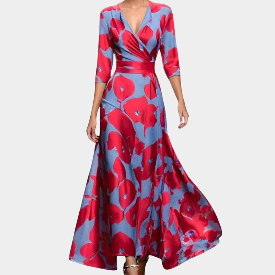 Women's Floral V-Neck Three-Quarter Sleeve Maxi Tailored Dress - Red