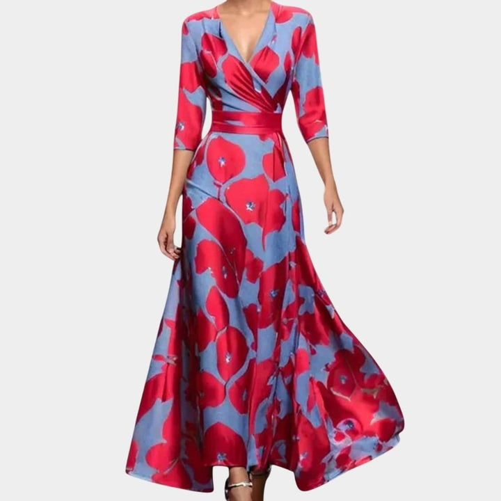 Women's Floral V-Neck Three-Quarter Sleeve Maxi Tailored Dress - Red