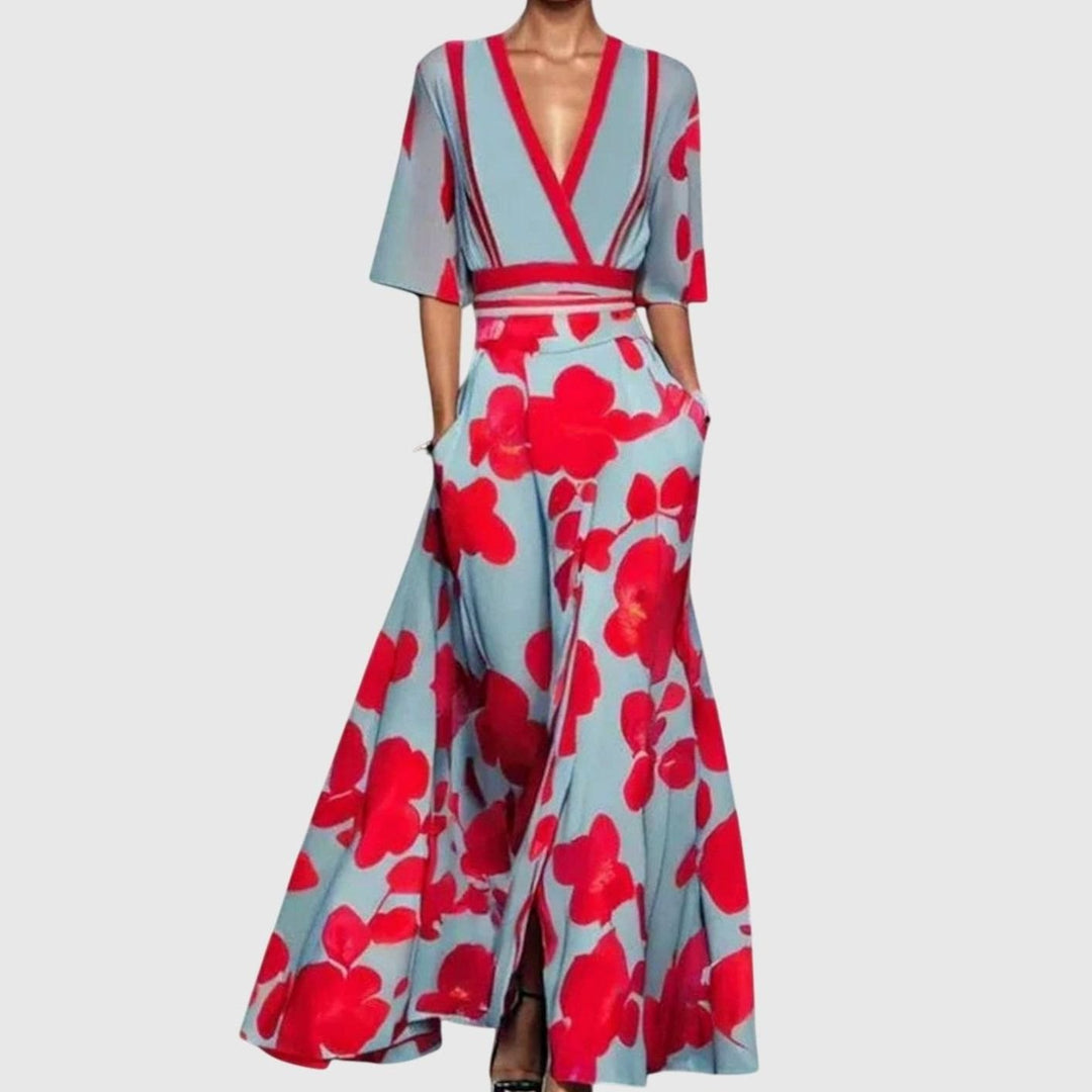 Women's Floral V-Neck Three-Quarter Sleeve Maxi Tailored Dress - Blue Red