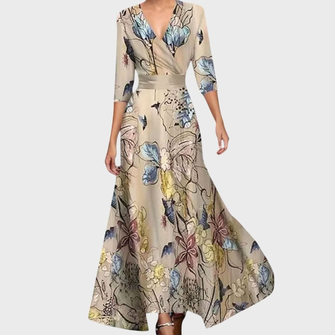 Women's Floral V-Neck Three-Quarter Sleeve Maxi Tailored Dress - Champagne