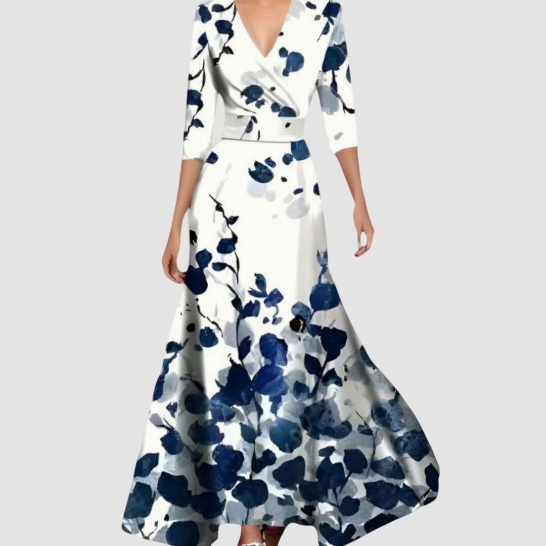 Women's Floral V-Neck Three-Quarter Sleeve Maxi Tailored Dress - Blue