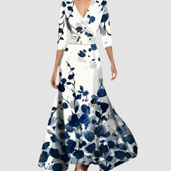 Women's Floral V-Neck Three-Quarter Sleeve Maxi Tailored Dress - Blue