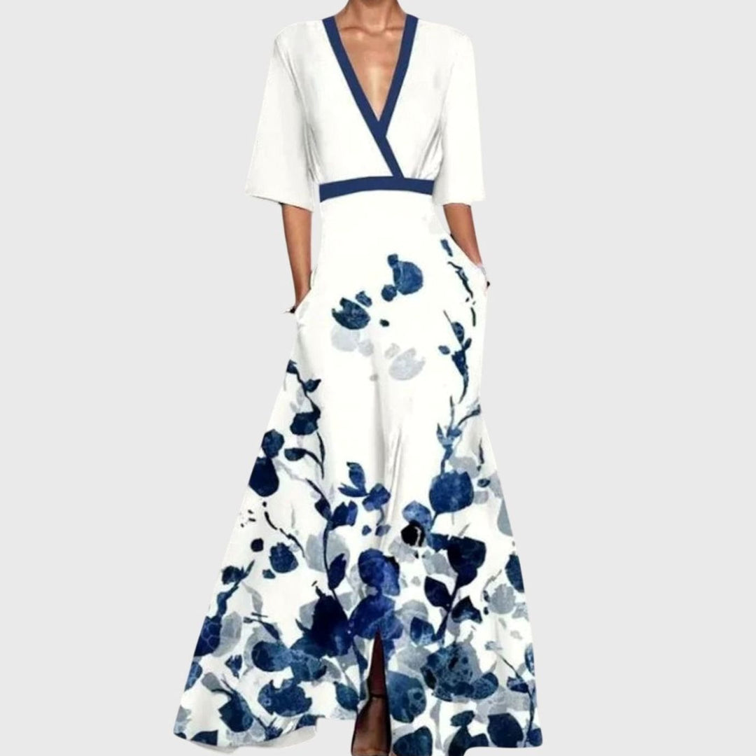 Women's Floral V-Neck Three-Quarter Sleeve Maxi Tailored Dress - White