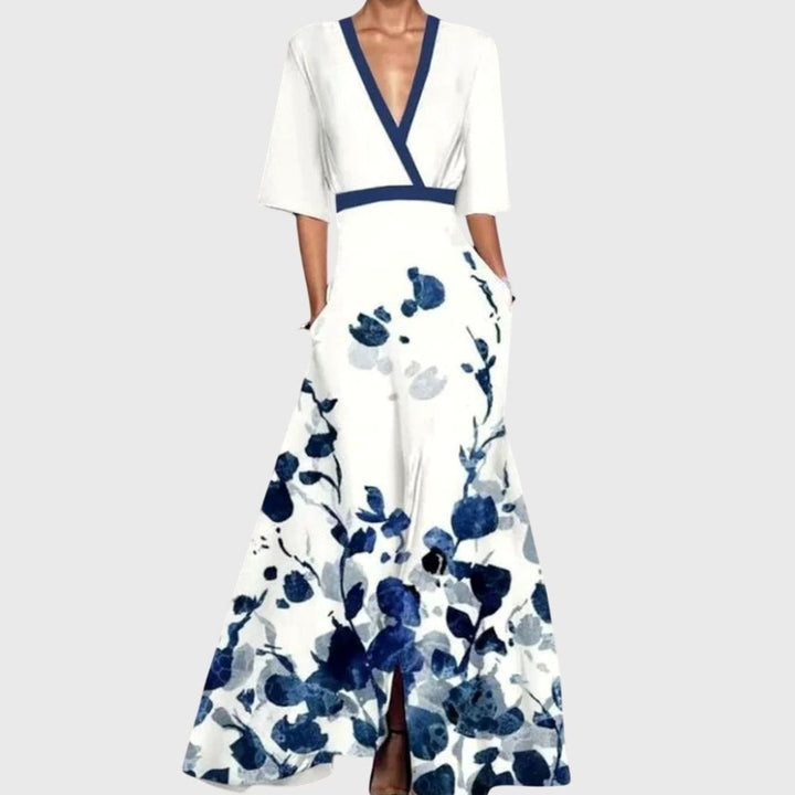 Women's Floral V-Neck Three-Quarter Sleeve Maxi Tailored Dress - White