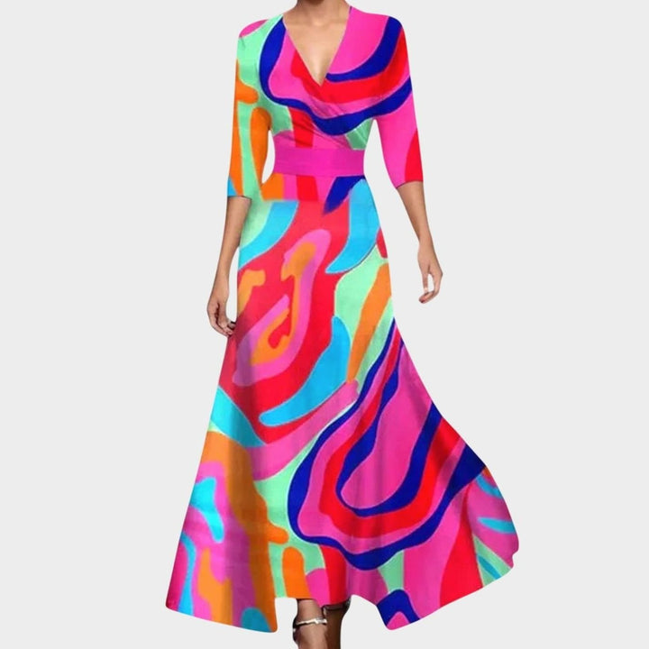 Women's Floral V-Neck Three-Quarter Sleeve Maxi Tailored Dress - Multicolor