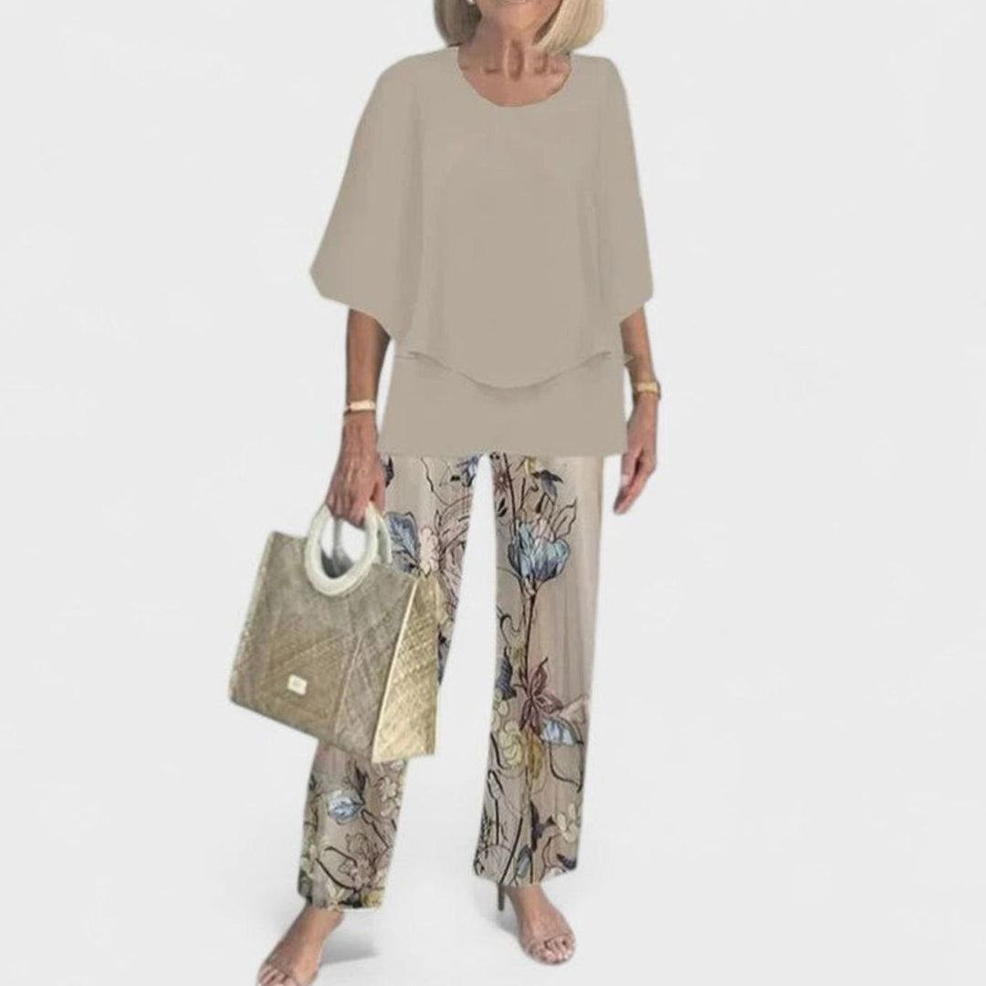 Women's Floral Wide-Leg Two-Piece Set Layered Top Pants Outfit - 04