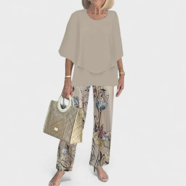 Women's Floral Wide-Leg Two-Piece Set Layered Top Pants Outfit - 04