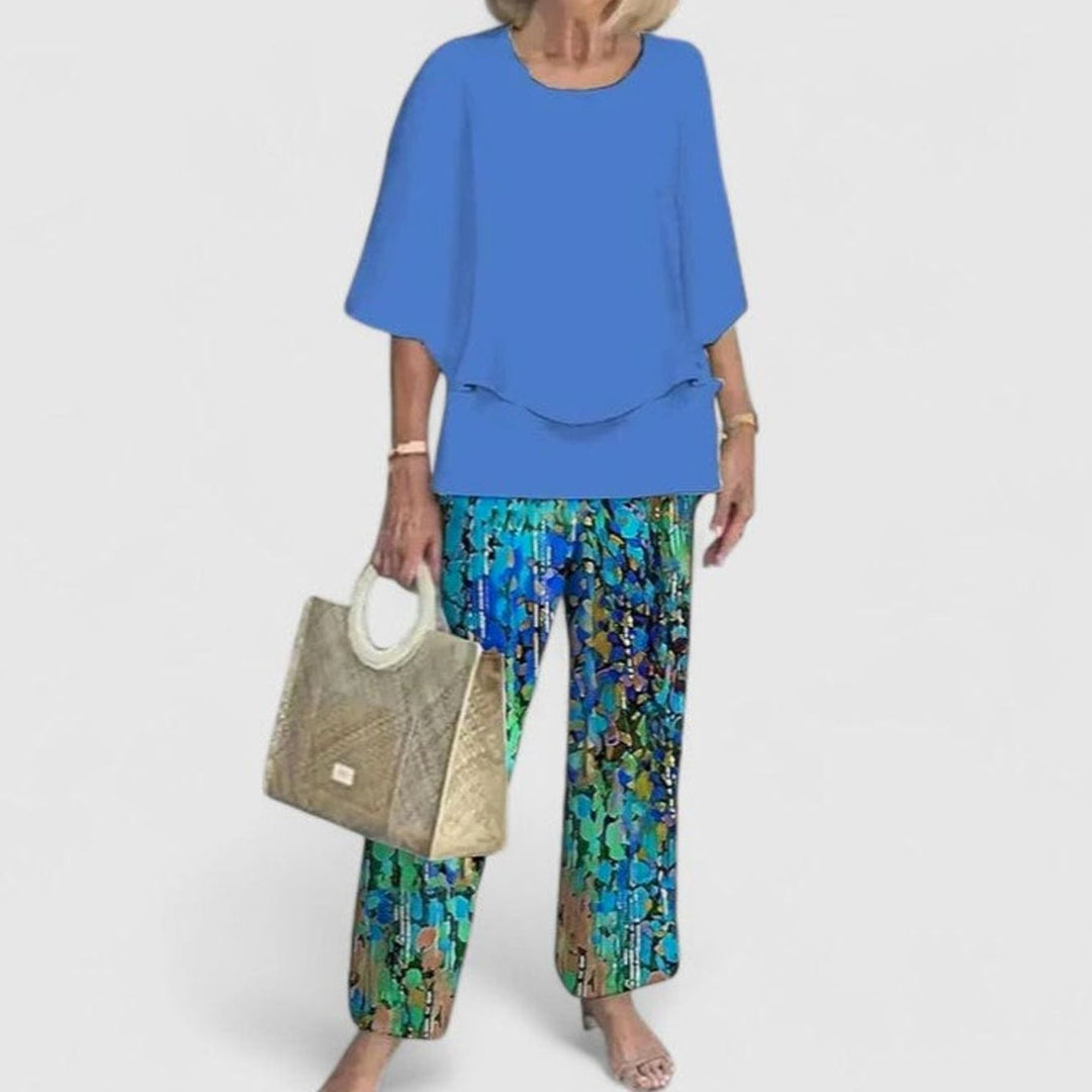 Women's Floral Wide-Leg Two-Piece Set Layered Top Pants Outfit - 15