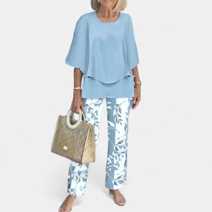 Women's Floral Wide-Leg Two-Piece Set Layered Top Pants Outfit - 02