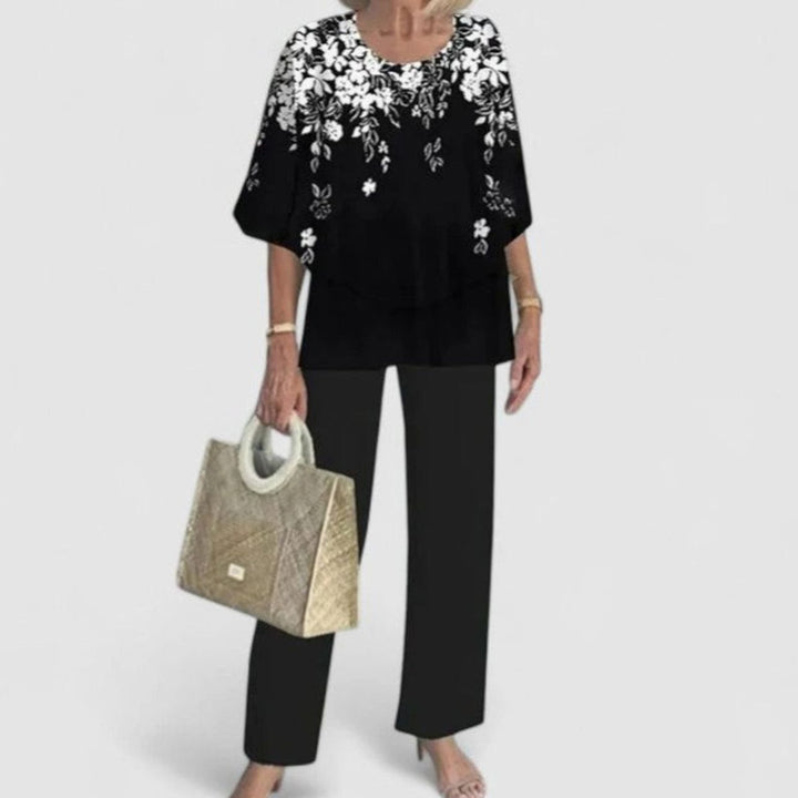 Women's Floral Wide-Leg Two-Piece Set Layered Top Pants Outfit - 13