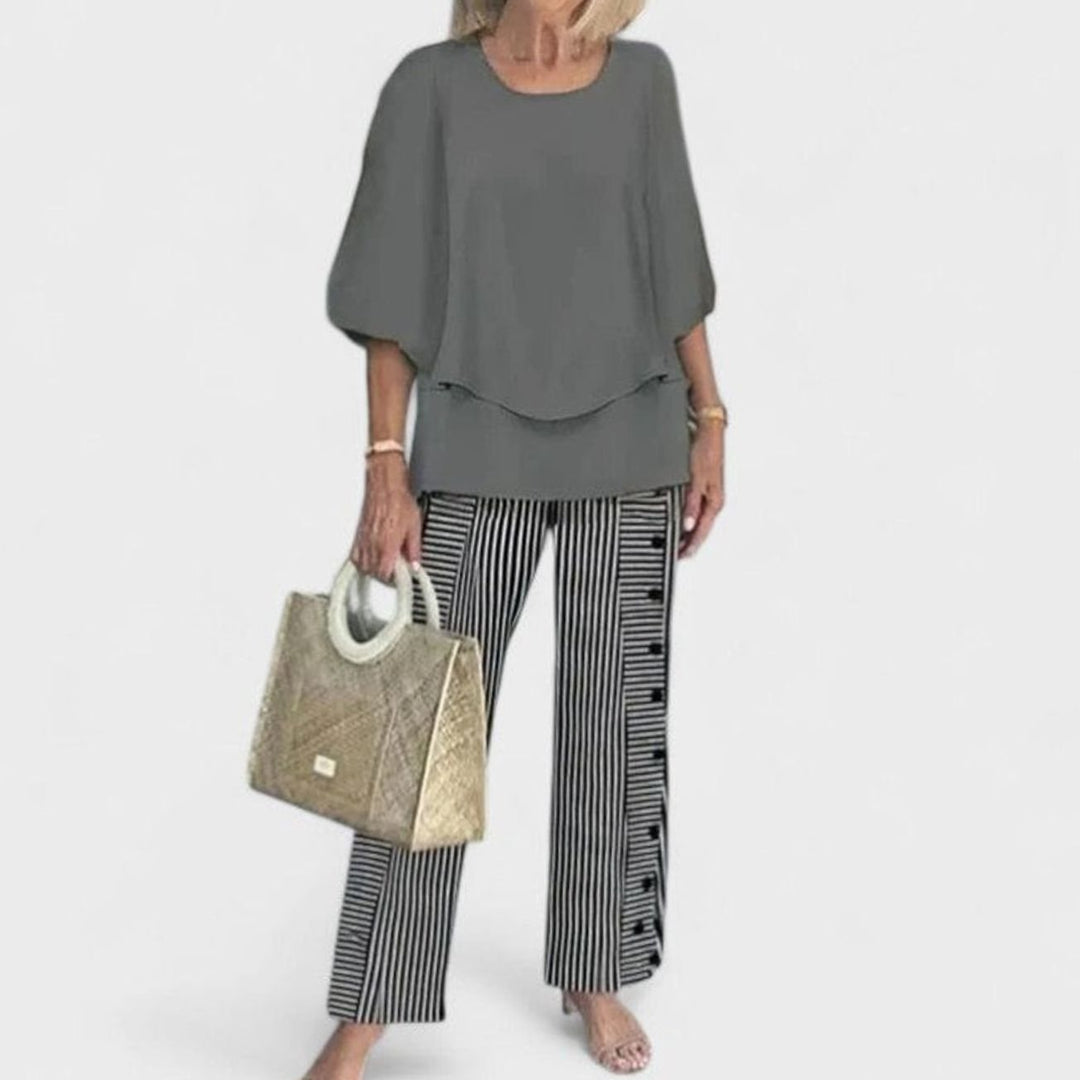 Women's Floral Wide-Leg Two-Piece Set Layered Top Pants Outfit - 08